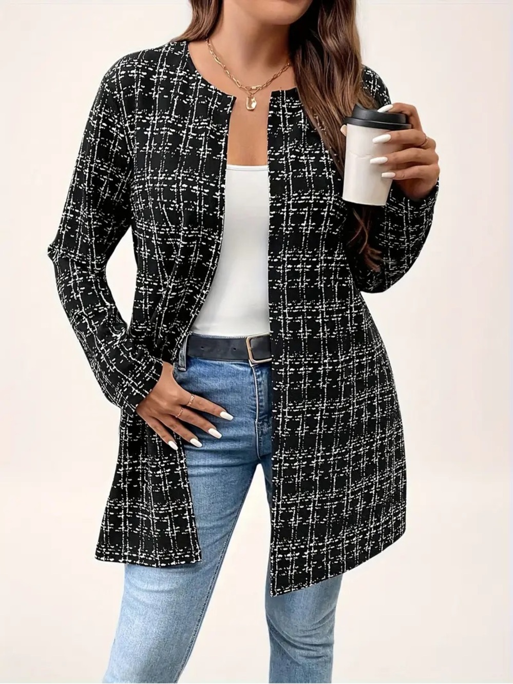 Boutique Blazer Open-Front Black & White Plaid Longline Jacket